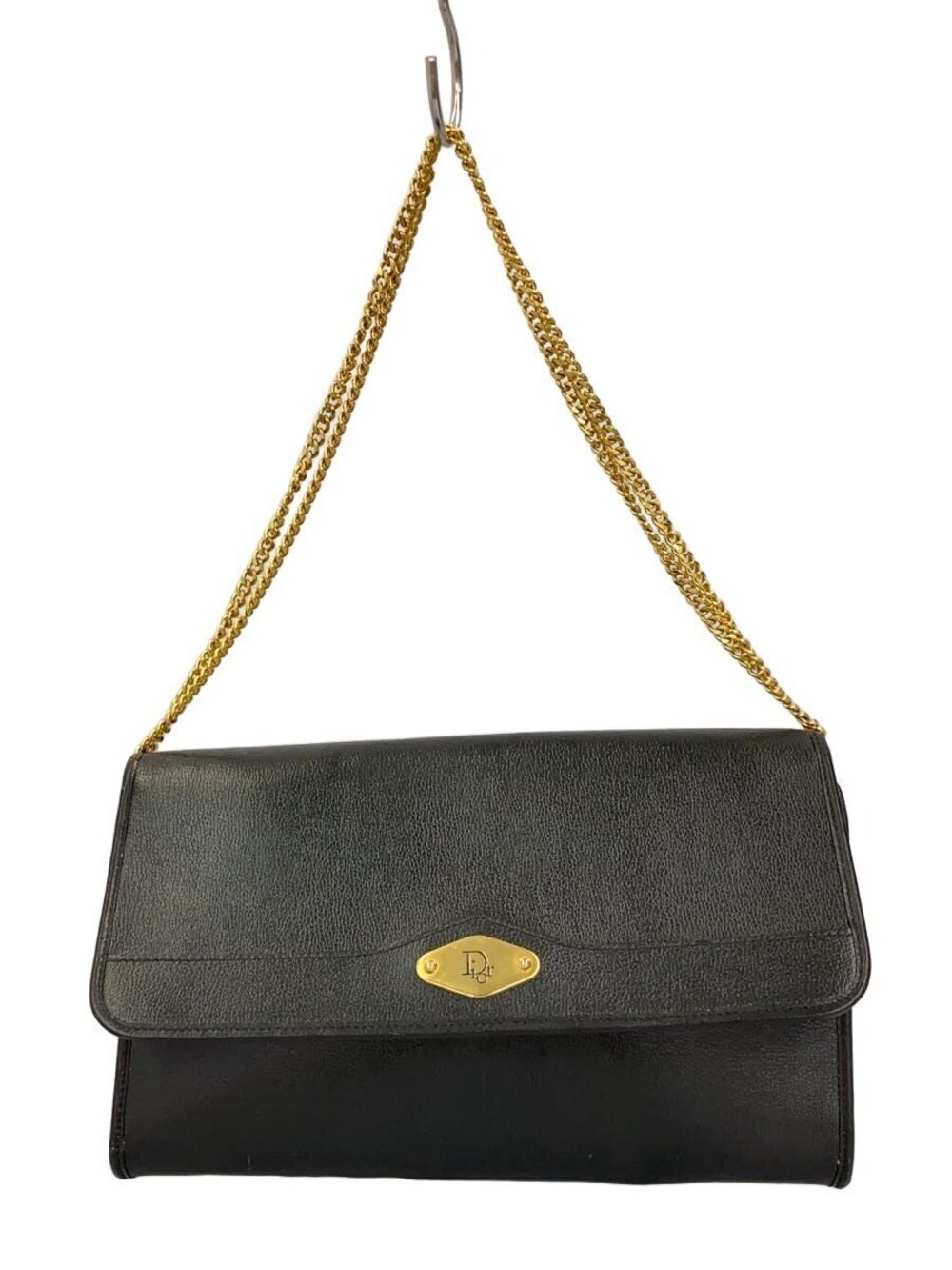 Christian Dior Clutch Bag Leather Black Solid Shoulder Chain
